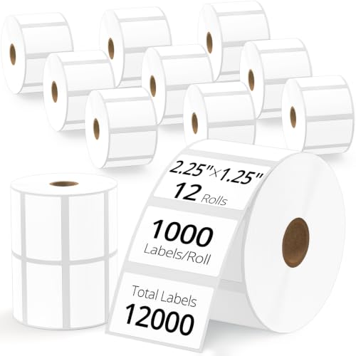 2.25" x 1.25" Thermal Barcode Labels, 12 Rolls-1000/Roll, 1" Core - size: 2.25" x 1.25"-12 Rolls (12000 Labels)