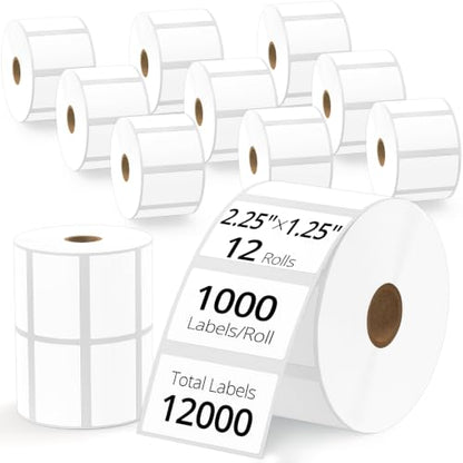 2.25" x 1.25" Thermal Barcode Labels, 12 Rolls-1000/Roll, 1" Core - size: 2.25" x 1.25"-12 Rolls (12000 Labels)
