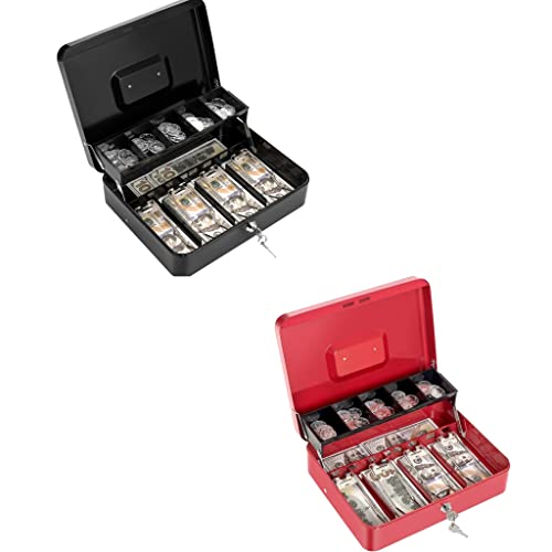 Geohiaul Cash Box with Money Tray and Lock Money Box for Cash Large Black + Red
