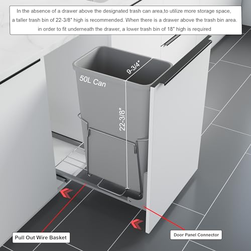 Dowell B15 Aluminum Base Wastebasket Pullout with Door Mount and 50Qt/13Gal Plastic Bin (4012 0115+50) - size: Single Pull-Out - 50Qt