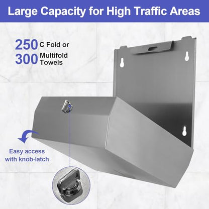 Stardrix Knob Latch (No Key Lock) Paper Towel Dispenser, Wall-Mount, Brushed Stainless Steel, Commercial Large Capacity, Fits 250 C-Fold / 300 Multi-Fold Towels - color: Brushed, size: 250 C Fold/300 Multi-Fold with Knob Latch