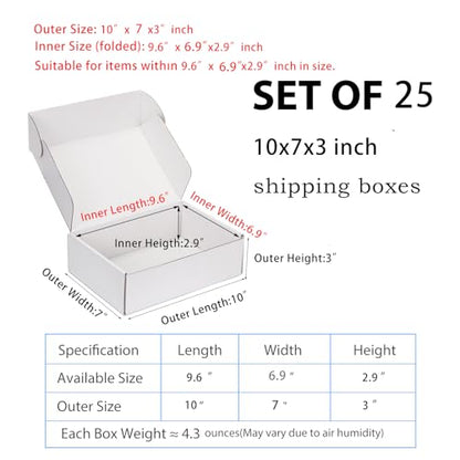 10x7x3 inch White Shipping Boxes for Small Business- Set of 25 - color: White, size: 10x7x3