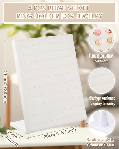 Henoyso 4 Pcs Velvet Ring Display 50 Slots Stand Tray Holder - color: Beige