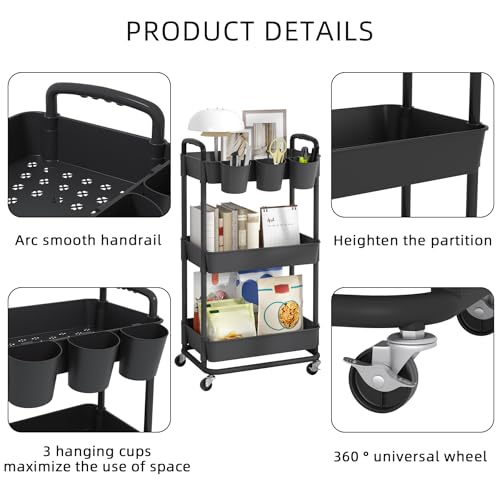 JIUYOTREE 3-Tier Plastic Rolling Storage Cart Utility Cart Black - color: Black, size: 3-Tier