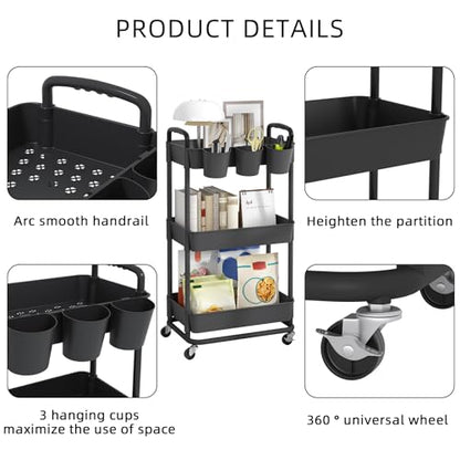 JIUYOTREE 3-Tier Plastic Rolling Storage Cart Utility Cart Black - color: Black, size: 3-Tier