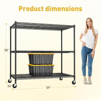 REIBII 3-Tier Heavy Duty Metal Shelving Unit，Garage Shelving with Wheels - size: 59''W X 24'' D X 58'' H