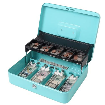 Jssmst Metal Cash Box with Money Tray and Lock, Portable Cash Drawer, 11.8" - color: Light Blue Key