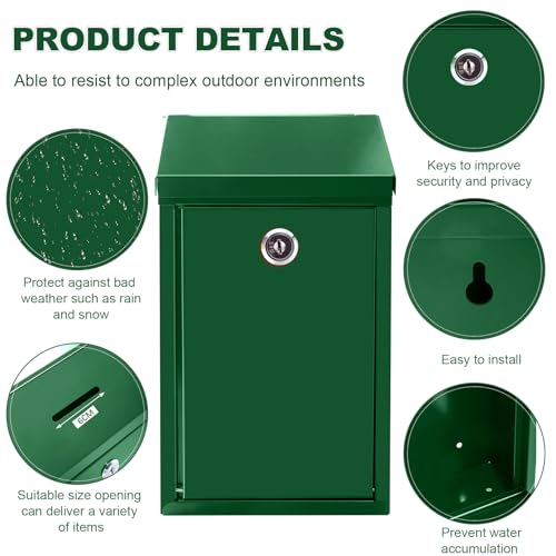 Metal Money Box with Lock Donation Cash Box Collection Safe Suggestion Box Wall Mounted Mailbox for Home Office, Outdoor, Farmstand - color: Green