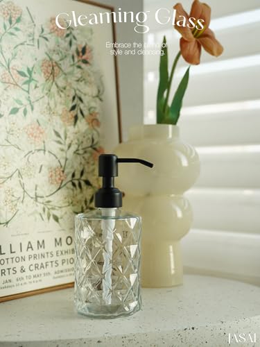 JASAI Diamond Design 12 Oz Glass Soap Dispenser with Black Pump - color: Clearglass-black Pump, style: Diamond