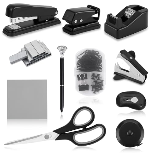 Black Desk Accessory Kit Cute Office Supplies Set Desktop Stapler Set Includes Staple Remover Hole Punch Tape Dispenser Ballpoint Pen Scissor Mini Box Cutter Tape Measure Paper Clips Sticky Notes - color: Black