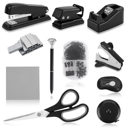 Black Desk Accessory Kit Cute Office Supplies Set Desktop Stapler Set Includes Staple Remover Hole Punch Tape Dispenser Ballpoint Pen Scissor Mini Box Cutter Tape Measure Paper Clips Sticky Notes - color: Black