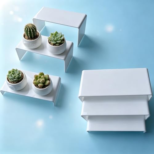 Wider 6 PCs White Acrylic Display Risers, 3 Tier Stand - color: White 4 Inch Wide 6 PCs