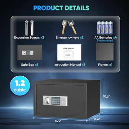 Locksworth Safe 1.2 Cubic Feet Safe Box with Electronic Keypad & Keys, Digital Security Lock Box for Home and Business Use, Money, Valuables, Guns, Jewelry and Documents, 16.9"W x 14.6"D x 10.6"H - size: 1.2 Cubic Feet
