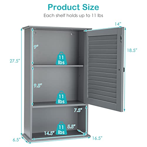 COSTWAY Bathroom Wall Cabinet, Large Capacity Storage Cabinet (Grey) - color: Grey
