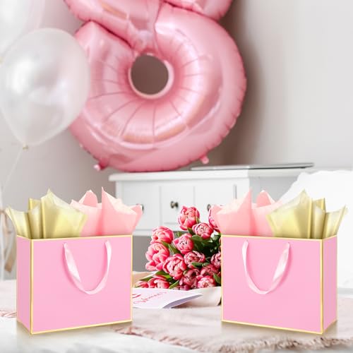 ReliThick 12 Pack Paper Gift Bag with Handles & Tissue, Pink, Gold - color: Pink, Gold