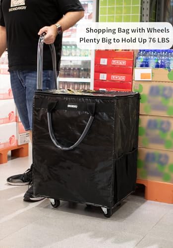 (Medium,Black) Reusable Grocery Bag on Wheels, Foldable Rolling Tote Bag - color: Black, size: Medium