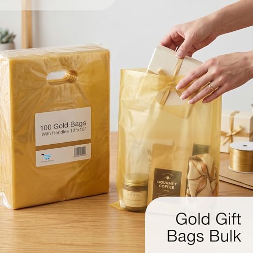 Choice Marts 100 Gold Plastic Bags With Handles 12x15 Merchandise Bags - color: Gold