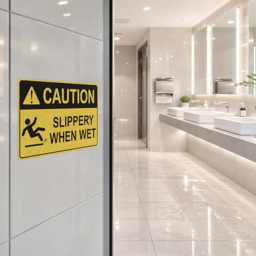 Slippery When Wet Sign, 10 x 7 Inch 2 Pack Caution Wet Floor Vinyl Sticker | Reflective Waterproof Warning Sign Decal, Fade Resistant Safety Sign for Commercial, Office, Warehouse, Restaurant