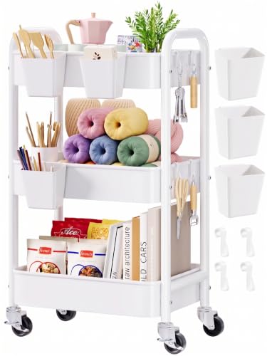 3 Tier Rolling Cart Metal with Wheels, White Three Tiered Carts on Wheels - color: Light White, size: 3 Tier + Cups + Hooks