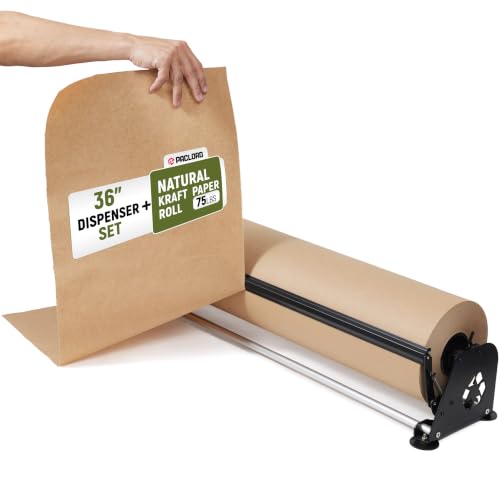 36" Paper Dispenser with Cutter + 75 lb Natural Brown Kraft Paper Roll - color: 1 Roll + Dispenser, size: 36" x 475' 75 Lb
