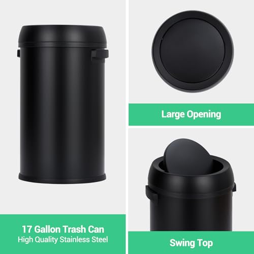 Garvee 17 Gal/65 L Trash Can, Fingerprint-Proof Stainless Steel Swing Top Garbage Can, Heavy Duty Commercial Round Trash Bin with Swing Lid for Restaurant, Home, Office, Black - color: Black, size: 17 Gallon Swing Top