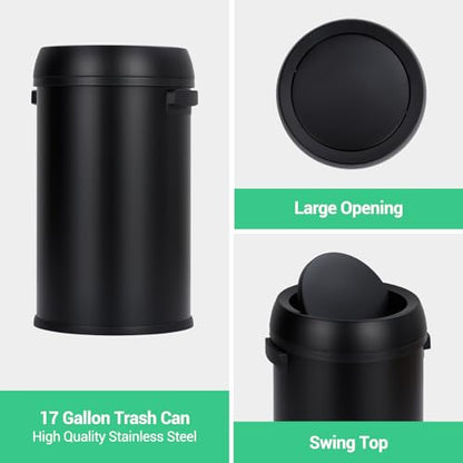Garvee 17 Gal/65 L Trash Can, Fingerprint-Proof Stainless Steel Swing Top Garbage Can, Heavy Duty Commercial Round Trash Bin with Swing Lid for Restaurant, Home, Office, Black - color: Black, size: 17 Gallon Swing Top
