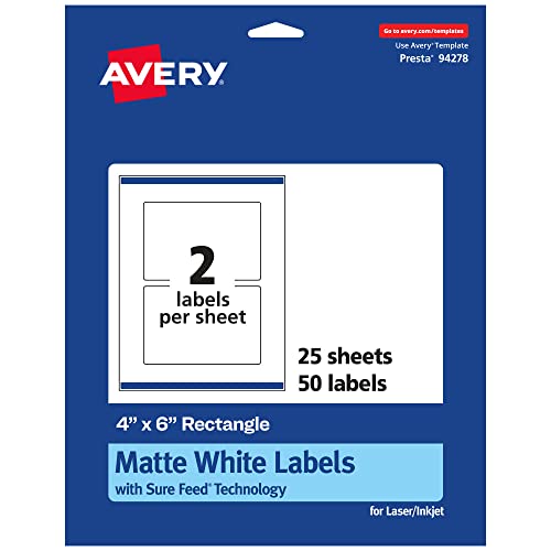 Avery® Matte White Rectangle Labels, Sure Feed® Technology, 4" x 6", 50 White Labels, Print-to-The-Edge, Permanent Adhesive, Laser/Inkjet Printable - style: 50 labels