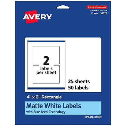 Avery® Matte White Rectangle Labels, Sure Feed® Technology, 4" x 6", 50 White Labels, Print-to-The-Edge, Permanent Adhesive, Laser/Inkjet Printable - style: 50 labels