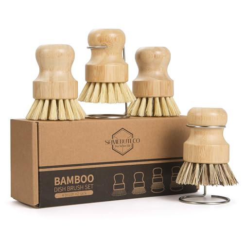 SAMEBUTECO 4 Packs Bamboo Dish Brush Set with 2 Metal Dry Holder