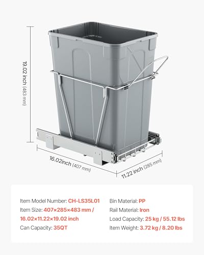 VEVOR Pullout Trash Can for Kitchen Cabinets, 35 QT Garbage Waste Recycling Bin, Under Mount Waste Container, with Heavy Duty Metal Full Extension Sliding System and Handle, for Sink, Under Counter - size: 35 QT, style: No Soft-Close Slide