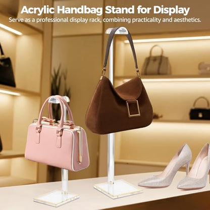2 Pcs Acrylic Purse Display Stands for Display, Height Adjustable Handbag Stands with Gold Trim Base, Transparent Hanger Rack for Handbags, Totes, Scarves, Necklaces