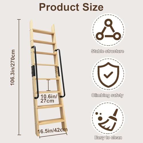 8.8FT Solid Wood Rolling Library Ladder, Industrial Style Loft Ladder with Double Handrails, 8 Steps Attic Ladder, 660LBS High Capacity, for Attic, Warehouse, Library, Bookshelf, Kitchen (8.8ft) - size: 8.8ft