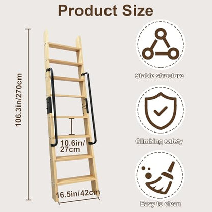 8.8FT Solid Wood Rolling Library Ladder, Industrial Style Loft Ladder with Double Handrails, 8 Steps Attic Ladder, 660LBS High Capacity, for Attic, Warehouse, Library, Bookshelf, Kitchen (8.8ft) - size: 8.8ft