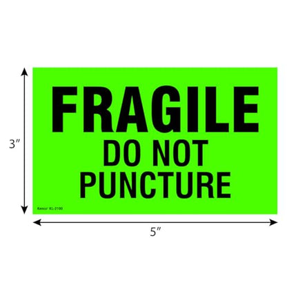 Kenco 3" X 5" Fragile Do not Puncture Fluorescent Shipping Label Stickers - 500 Permanent Adhesive Labels Per Roll (5 Pack) - size: 5 PACK