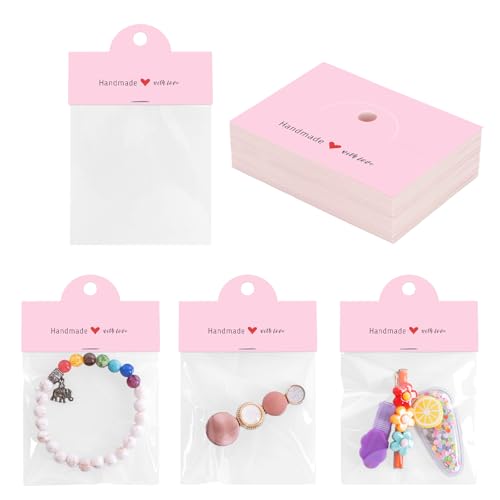 joycraft 100Pcs Pink Packaging for Small Business, Jewelry Package Supplies with Clear Bags, Jewelry Display Bags for Selling, Craft Packaging Set for Bracelets, Key Chains, Earring, Necklace. - color: Pink