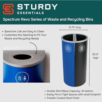 Spectrum 16 Gallon Powder Coated Steel Recylcing Bin and Waste Bin for Commercial Spaces, Offices, Hotels, Apartments (Mixed Recycling + Waste, Black Blue) - size: 16 Gallon