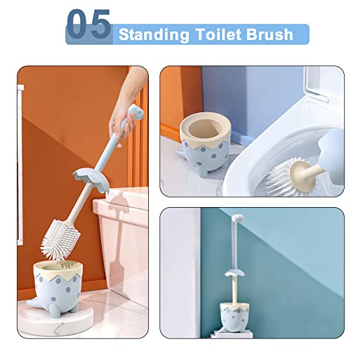 Toilet Brush Dinosaur Shape,Cute Shape Look, TPR Bristles Round Brush, Compact Size Toilet Brushes Floor Standing, 1-Pack - color: Blue