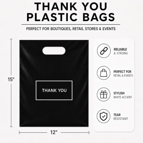 Purple Q Crafts 100 Pack Black Die Cut Thank You Plastic Shopping Bags, 12" x 15" Retail Bags - color: Black