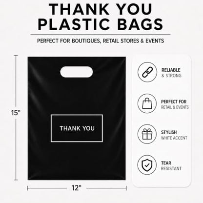 Purple Q Crafts 100 Pack Black Die Cut Thank You Plastic Shopping Bags, 12" x 15" Retail Bags - color: Black