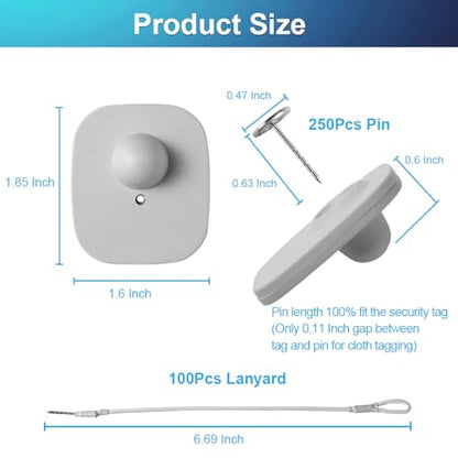 250Pcs 8.2Mhz RF Security Clothing Tags Grey Retails EAS Clothes Tag with 250 Pins and 100 Lanyards - style: 250 Gray Tags + 100 Lanyards