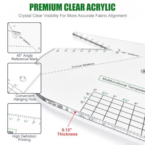 2 Pack Boxed Bag Making Template, 7.5x10 Inch Acrylic Patchwork Ruler Sewing Tools Set for Beginners, 3mm Thick Curve Notion Bag and Zip Pocket DIY Stencils, Transparent