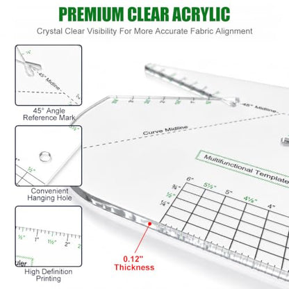 2 Pack Boxed Bag Making Template, 7.5x10 Inch Acrylic Patchwork Ruler Sewing Tools Set for Beginners, 3mm Thick Curve Notion Bag and Zip Pocket DIY Stencils, Transparent