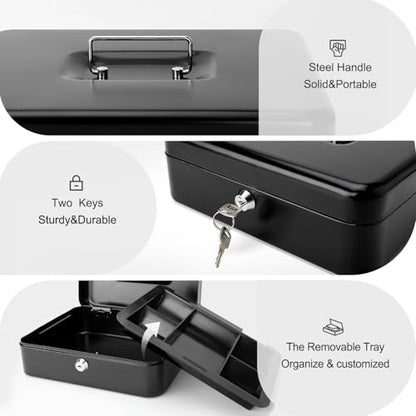 Jssmst Cash Box with Key Lock, Money Box with Cash Tray, Lock Box, Black, Large - color: Black, size: L(9.84")