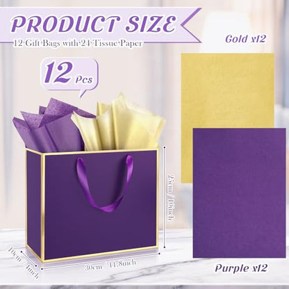 ReliThick 12 Pack Paper Gift Bag with Handles & Tissue, Dark Purple, Gold - color: Dark Purple, Gold