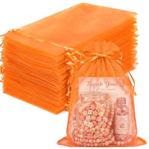 FUNFERY 100Pcs Orange Organza Bags 5x7 in,Small Mesh Drawstring Gift Bag - color: Classic Orange