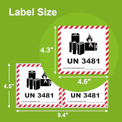 4.7" x 4.3" Lithium Ion Battery Transport Caution Warning Labels, 50 Large Adhesive Stickers (UN3481) - color: Red White and Black