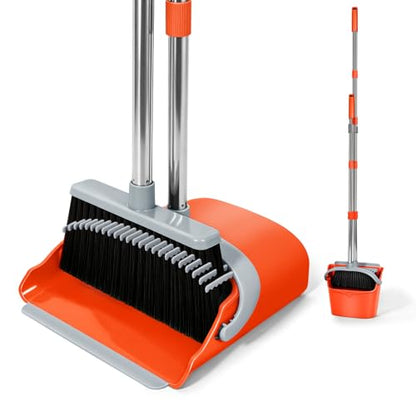 YZO Broom with Dustpan Combo Set, 54.33 Inch Long Handle Standing Design, Dustpan Front Rubber Tight Seal, Broom with 5 Layer Bristles, Suitable for Living Room, Yard, Office and Apartment (Orange) - color: Orange