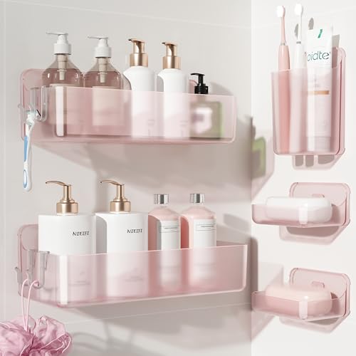 Nieifi Adhesive Shower Shelves, Pink, 5 Pieces - color: Pink-Clear, size: 5 pieces