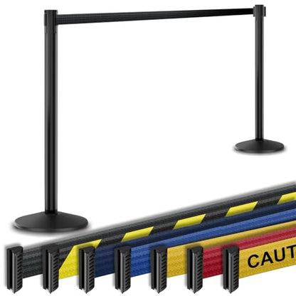 Commercial-Grade Retractable Belt Barrier 2pk by Visiontron, 40” Tall Crowd Control Stanchion, 10’ Long Belt/Visiontron Prime Steel, Self-Straightening No-Tools Assembly, (VS Black Post w/Black Belt) - color: Black Post w/ Black Belt (P)
