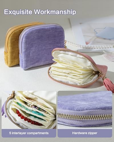 Travel Jewelry Case, Velvet Pouch Bags with Zipper, Plum Purple - color: Plum Purple